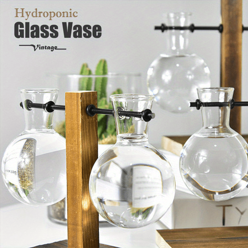 1/2/4pcs Hydroponic Glass Vase, Vintage Desktop Plant Terrarium Planter Bulb Vase, Water Planting Propagation Vase Planters Hydroponics Plants With Retro Wooden Stand Home Garden