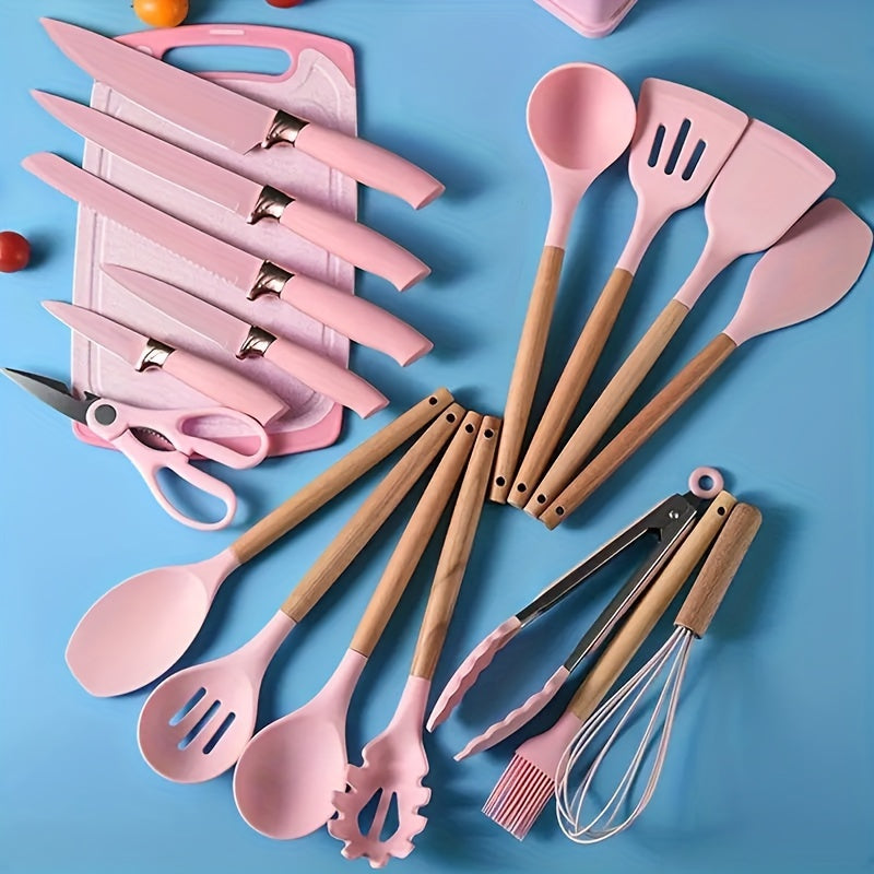 19pcs, Silicone Kitchenware 19-Piece Kitchenware Tools Cooking Spatula With Storage Bucket Knives Combination SetSilicone Kitchenware 19 Piece Kitchenware Tools Cooking Shovel Spoon With Storage Bucket Knife Combination Set