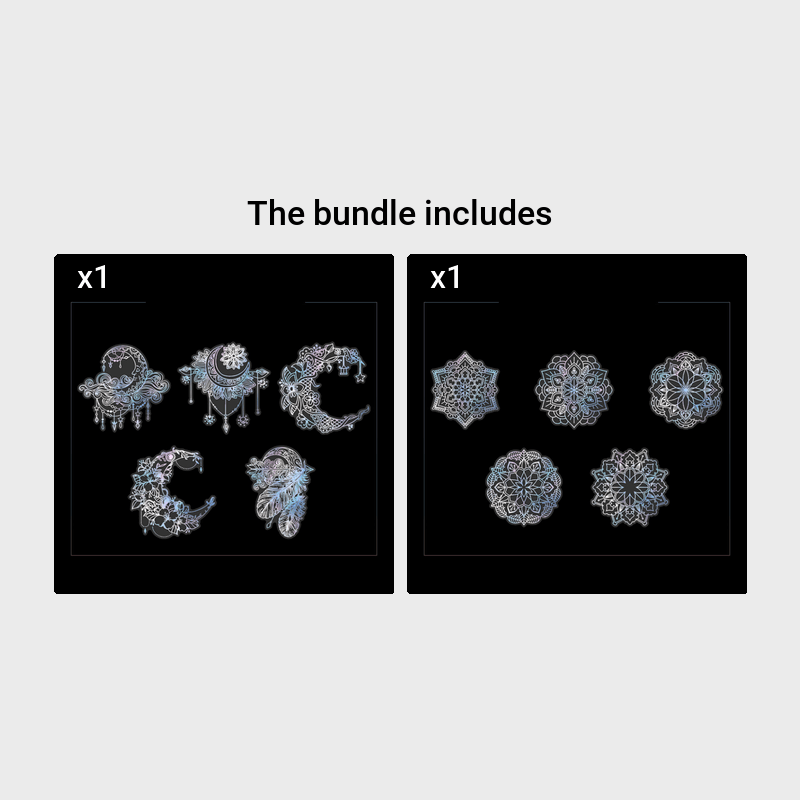 10pcs/pack Spiritual Wonderland Series Mandala Theme Three-dimensional Laser Silver PET Sticker Material Adhesive Sticker 165mm/6.50in*110mm/4.33in, DIY Materials