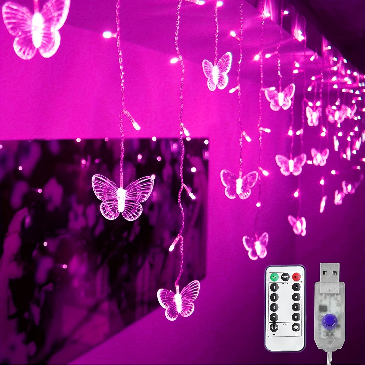 16-Butterfly LED Curtain Lights - 96 Bulbs, 18FT USB, 8 Dreamy Modes, Remote Control - Romantic Purple Bedroom & Party Decor