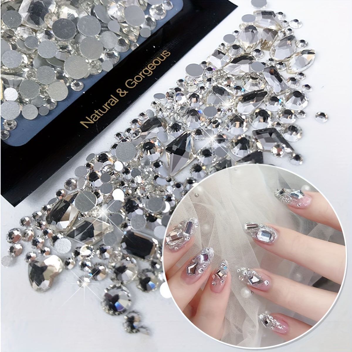 150pcs Flatback Round Rhinestone Plus 20pcs Flatback Odd Shaped Large Cubic Zirconia Black Blue Moon Nail Rhinestones