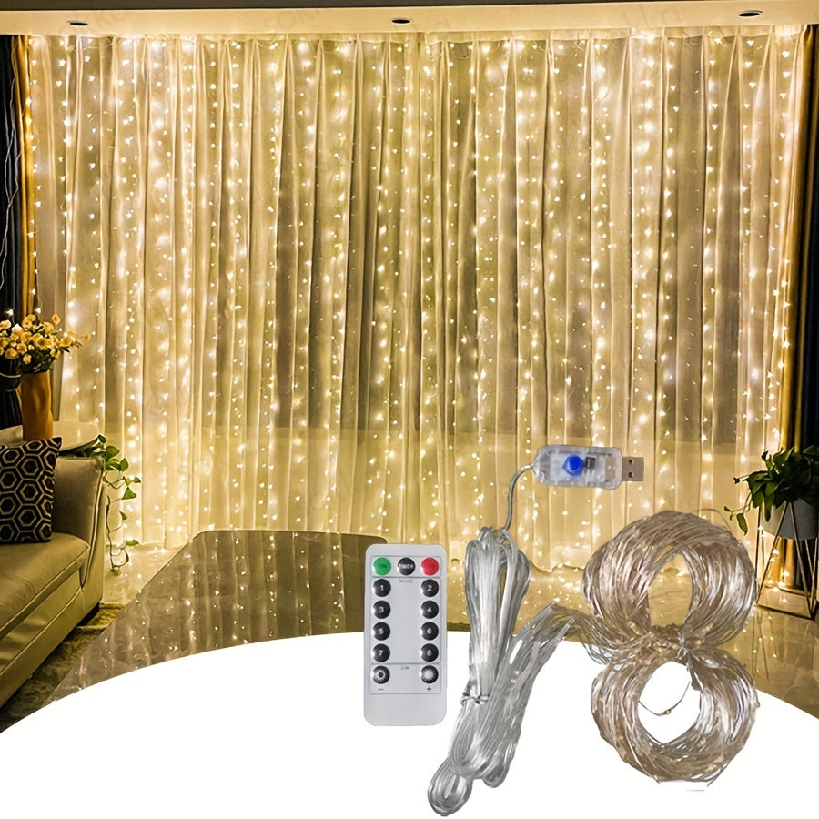 1pc 600LED 6m*3m/19.6ft*9.8ft USB Curtain String Lights, Christmas Garland Fairy Light Festoon Remote Control Led Light Wedding Home Bedroom Decoration Lighting, Easter Decoration, New Year's Day, Ramadan Decoration, Valentin