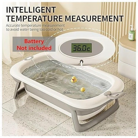 UNICOO® Baby Tub - Foldable Infant Bath Tub for Newborn to Toddler - Portable Baby Bathtub with Soft Cushion &Thermometer - Safety Belt, Detachable Cushion, Convenient Bathtub
