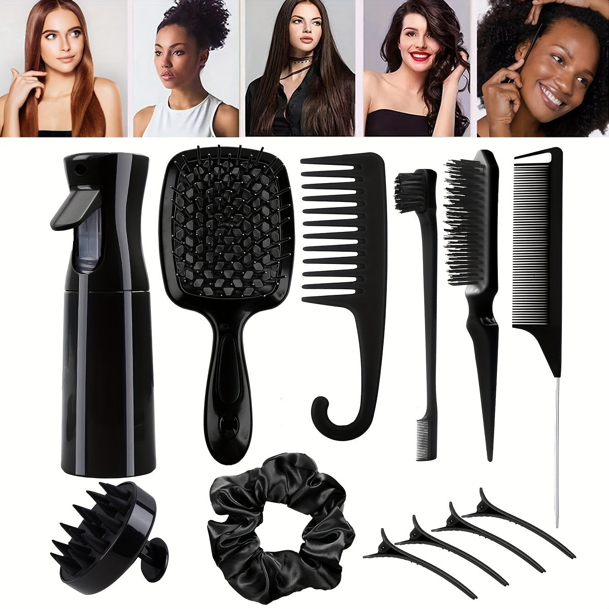 12-Piece Hair Styling Tool Set | Unisex Adult | Curl Enhancing, Normal Hair | Unscented - Includes Detangler Brush, Spray Bottle, Scalp Massager, Wide Tooth Comb, Bristle Brush & Accessories for Wet/Dry Hair