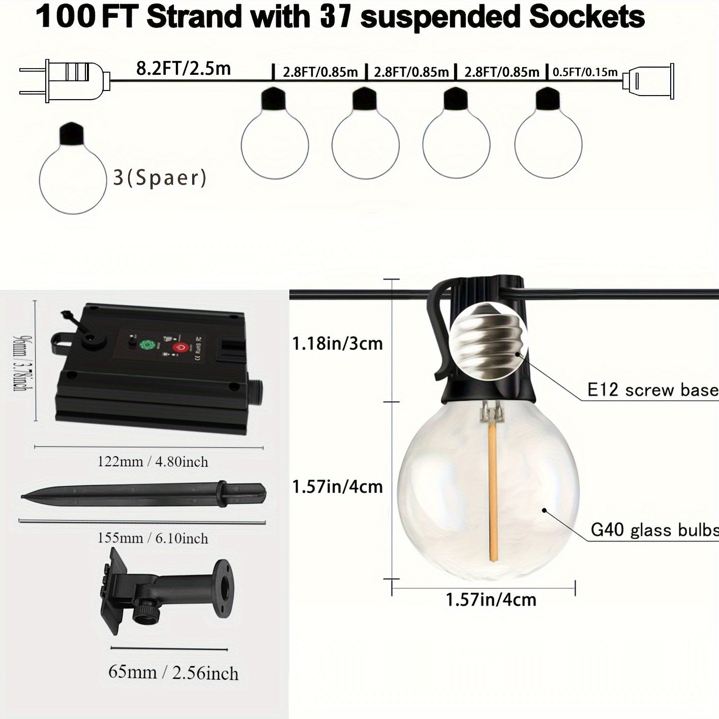 100FT Solar String Lights Outdoor With Remote, G40 Globe Solar Patio Lights With 37 LED Shatterproof Bulbs, Multiple Lighting Modes, Remote Control To Adjust Lighting, Dimmable Hanging Lights For Outside Backyard Party, Solar