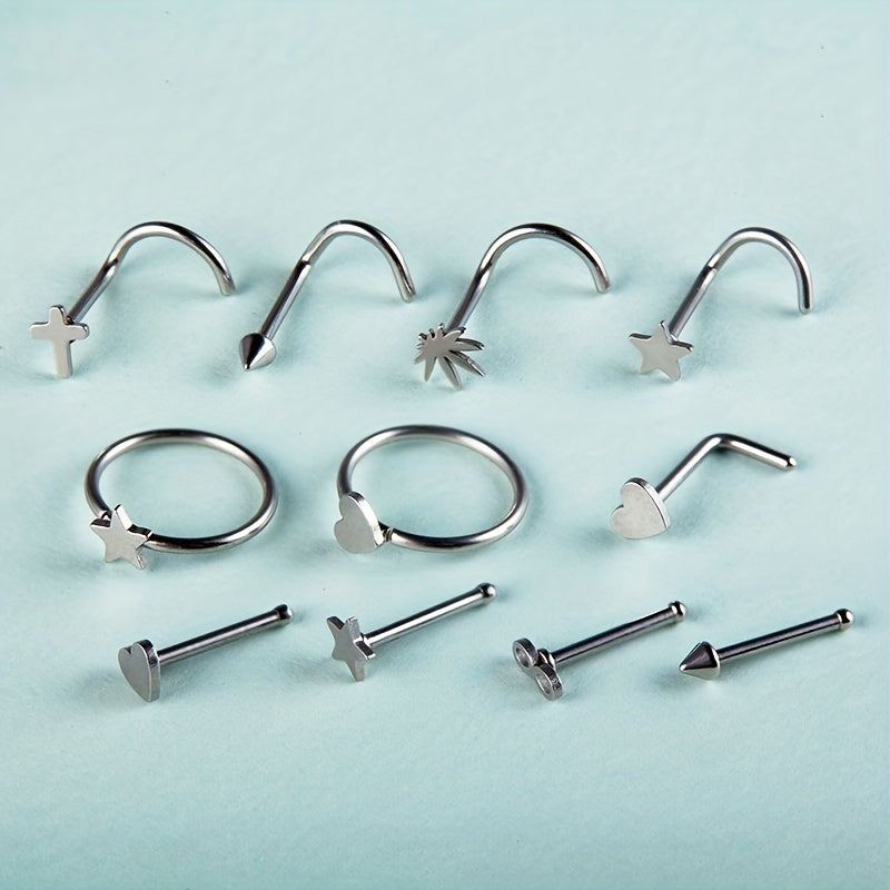 11PCS 316L Stainless Steel Nose Ring Set: Simple Style Nose Nail Body Piercing Jewelry with Star, Love Heart, and More Shapes