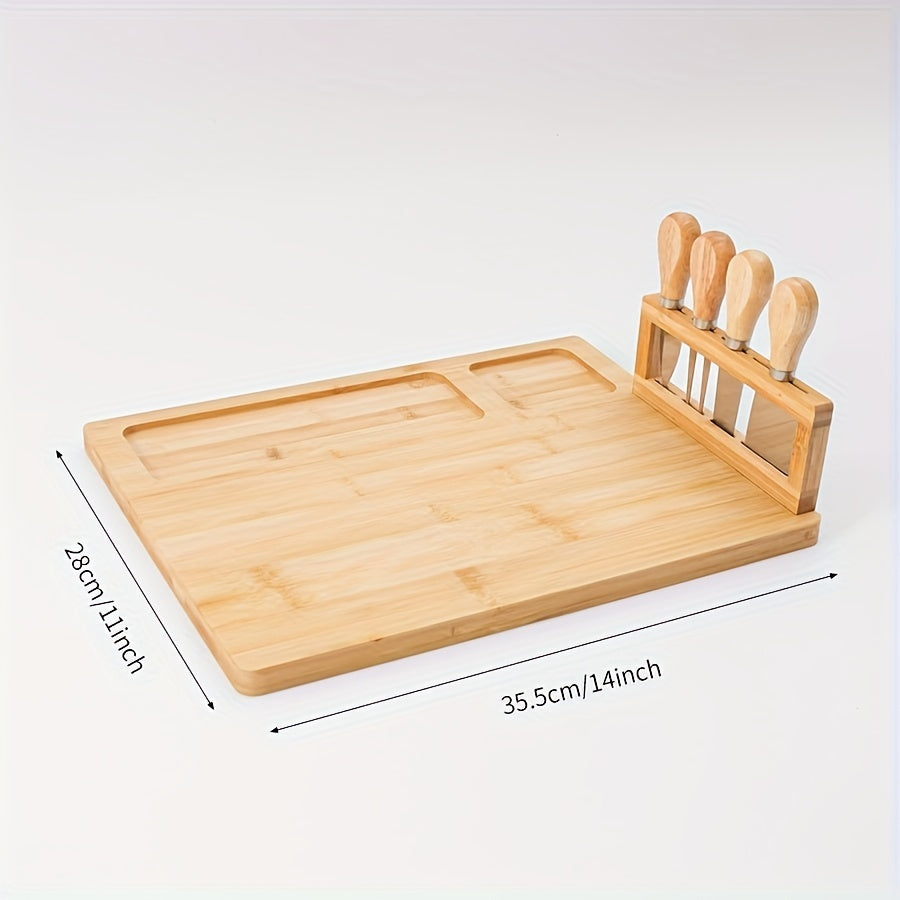 1 Set Bamboo Cheese Board Set, Cheese Tray, Charcuterie Board and Serving Meat Platter with 4 Stainless Steel Cheese Knives, Ideal for Wedding Gifts Christmas Birthday Party