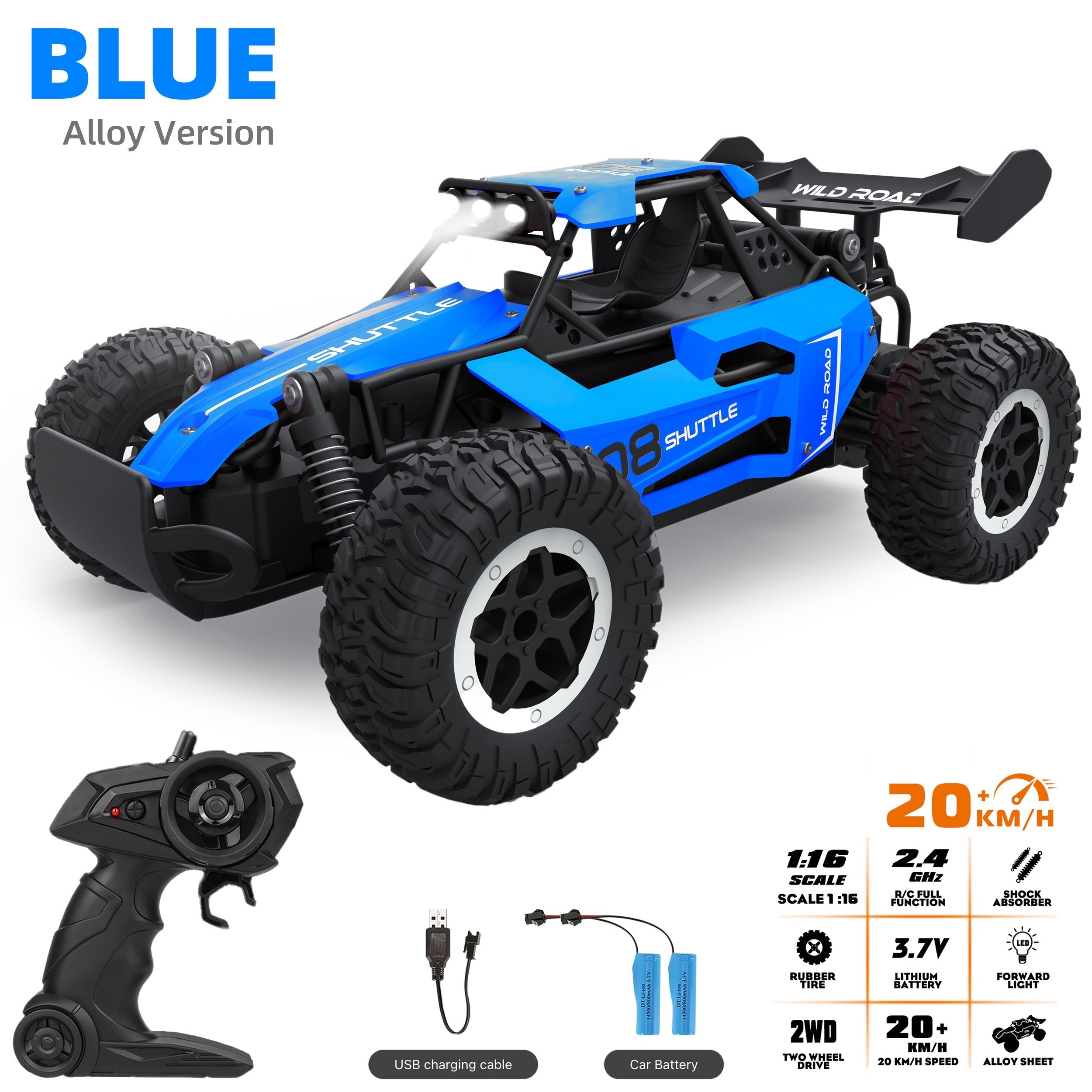 1:16 2.4G Double Battery Alloy RC Car, High Speed Up To 20 Km/h Remote Control Car, All Terrain Off-Road Electric Toy Car Halloween Christmas Gift