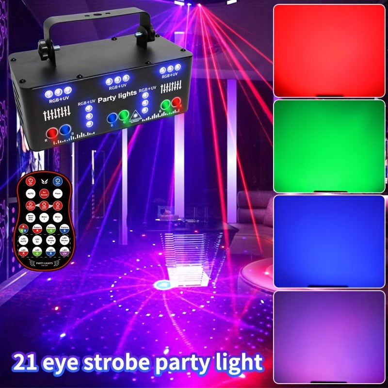 1pc 21 Lens Led Stage Lights Home Voice-activated Rotating KTV Color Light, Flash DJ Disco Lazer Light, LED Strobe Ballroom Bar Light, With Remote Control, For Birthday Party Ramadan St Pascha Easter Cinco De Mayo Mother's Da