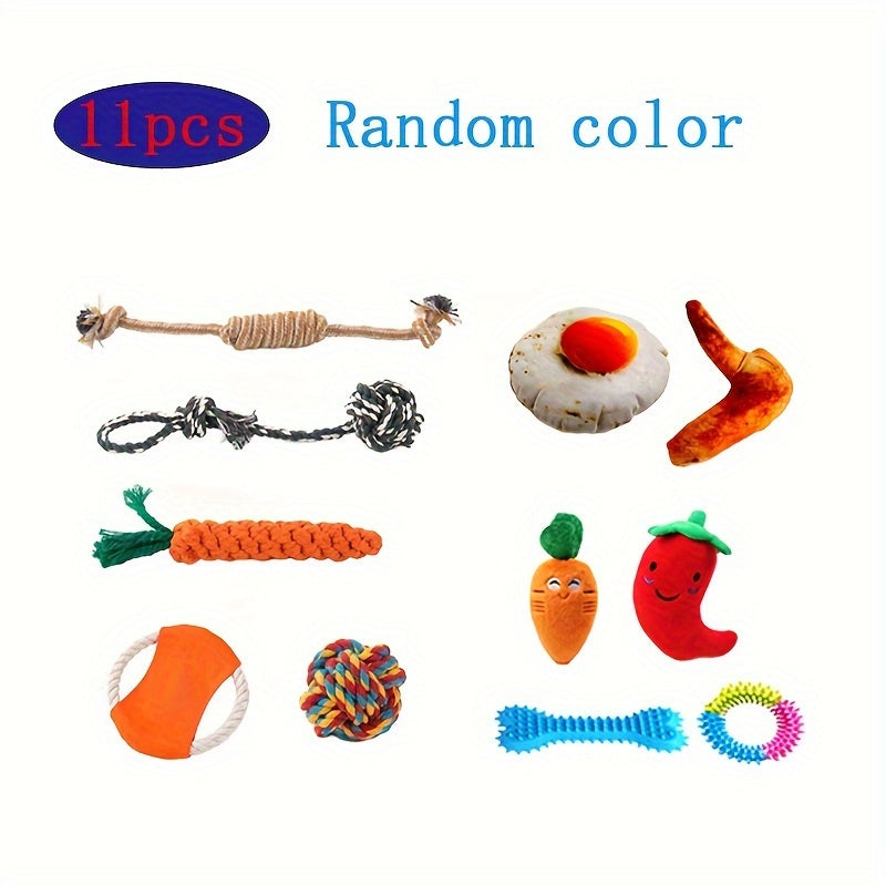 11pcs/16pcs Dog Chew Toys Bundle, Durable Plush and Rope Materials, Tooth Cleaning & Interactive Play, Assorted Food-Shaped & Rope Designs, Suitable for Small Dogs & Puppies