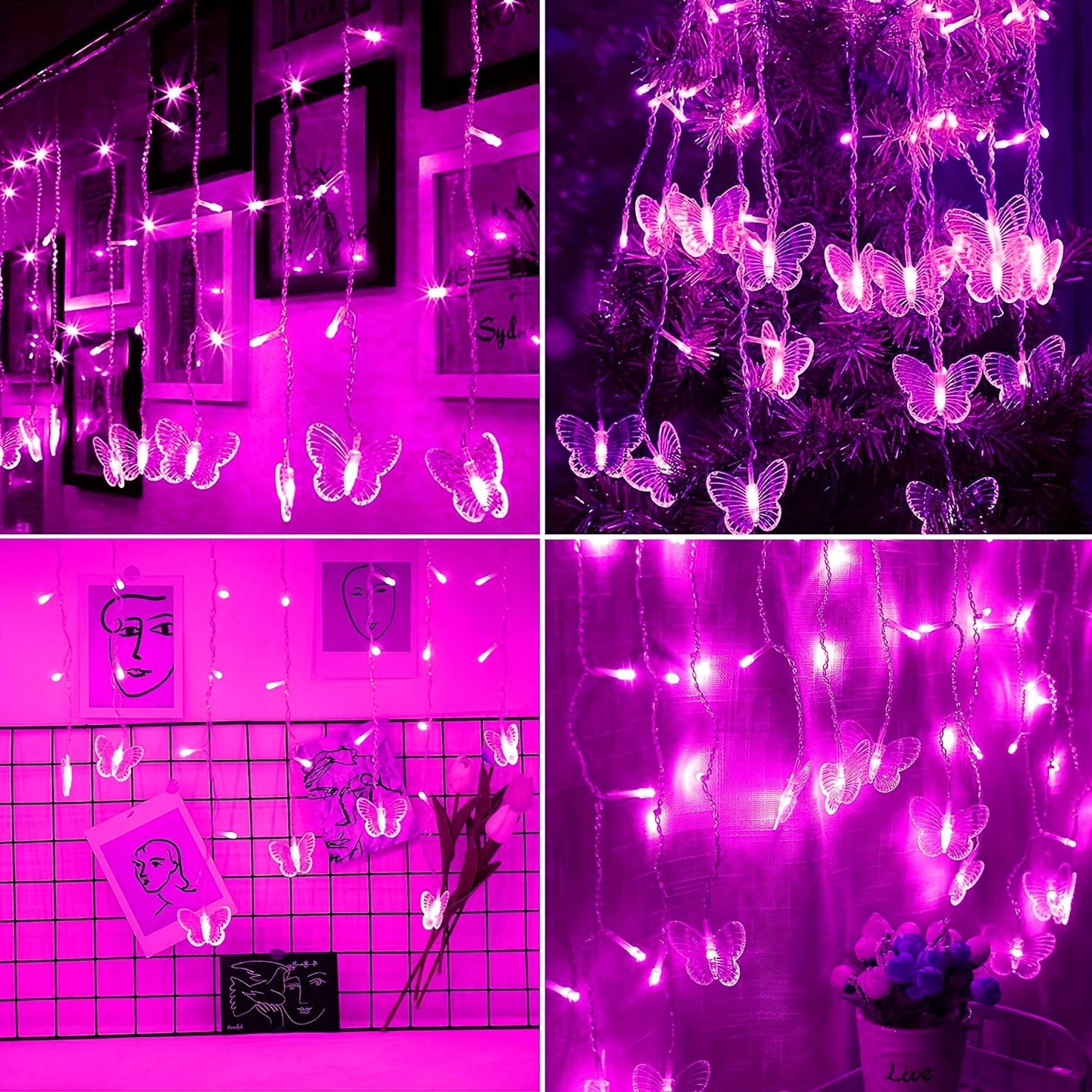 16-Butterfly LED Curtain Lights - 96 Bulbs, 18FT USB, 8 Dreamy Modes, Remote Control - Romantic Purple Bedroom & Party Decor