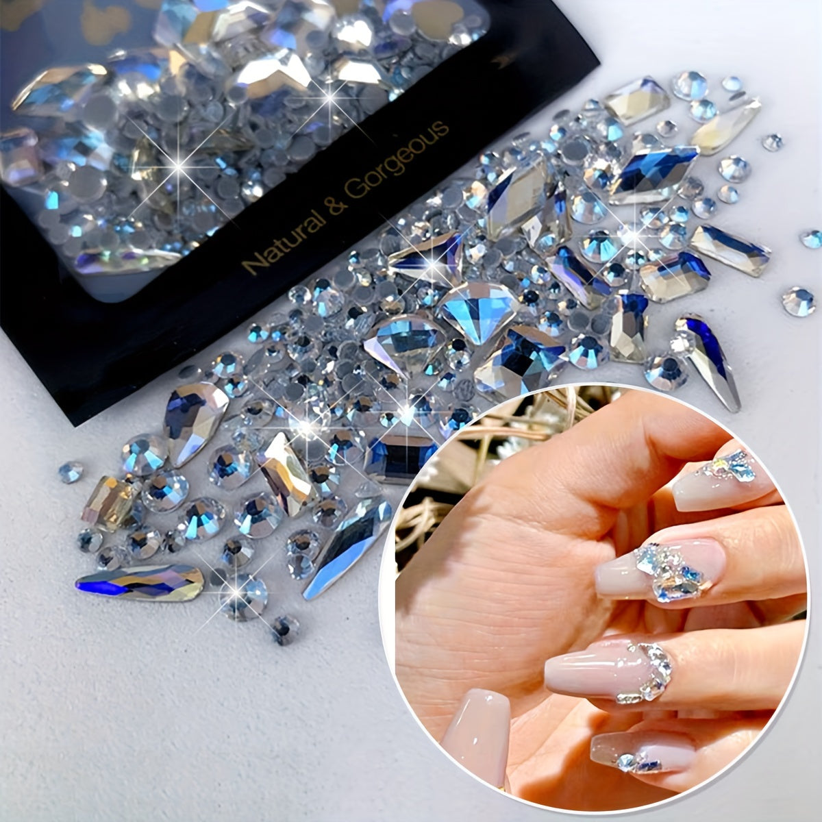 150pcs Flatback Round Rhinestone Plus 20pcs Flatback Odd Shaped Large Cubic Zirconia Black Blue Moon Nail Rhinestones