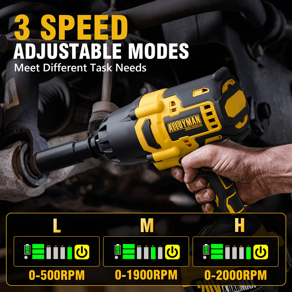 1pc Alloyman 20V Cordless Impact Wrench, 1/2" Drive, 555 Ft-lbs Max Torque, Brushless Motor, 2000 RPM, with 6 Sockets, 3 Extension Bars, 4.0 AH Li-ion Battery, Fast Charge, US Plug, Iron Material, Power Supply Operated