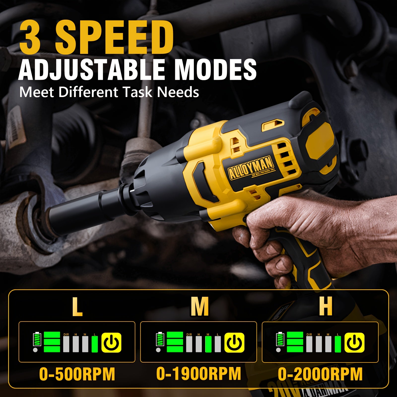 1pc Alloyman 20V Cordless Impact Wrench, 1/2" Drive, 555 Ft-lbs Max Torque, Brushless Motor, 2000 RPM, with 6 Sockets, 3 Extension Bars, 4.0 AH Li-ion Battery, Fast Charge, US Plug, Iron Material, Power Supply Operated