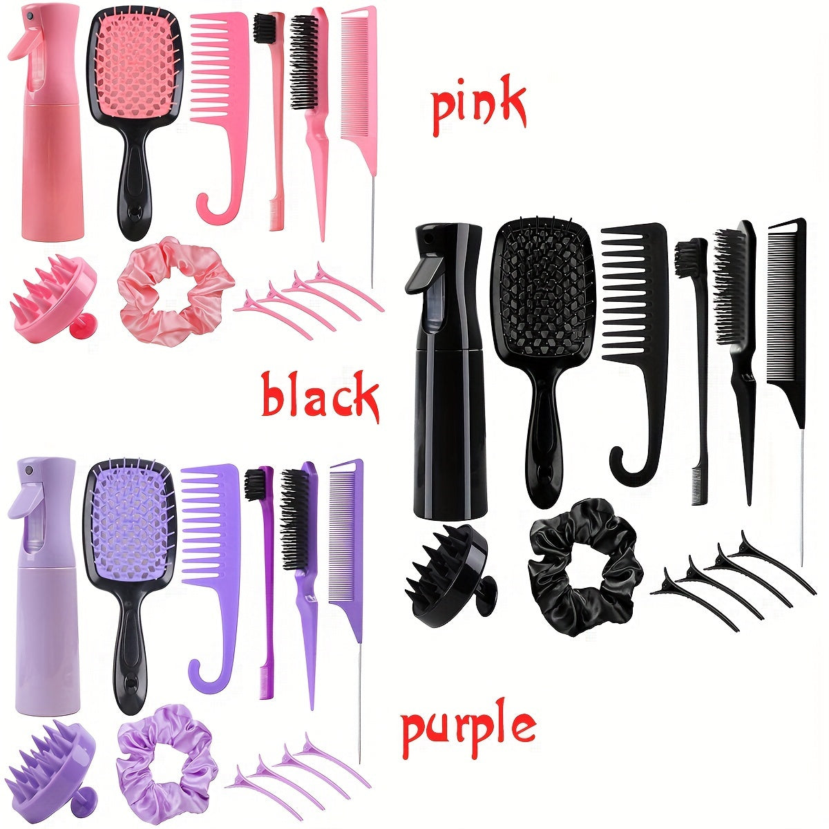 12-Piece Hair Styling Tool Set | Unisex Adult | Curl Enhancing, Normal Hair | Unscented - Includes Detangler Brush, Spray Bottle, Scalp Massager, Wide Tooth Comb, Bristle Brush & Accessories for Wet/Dry Hair