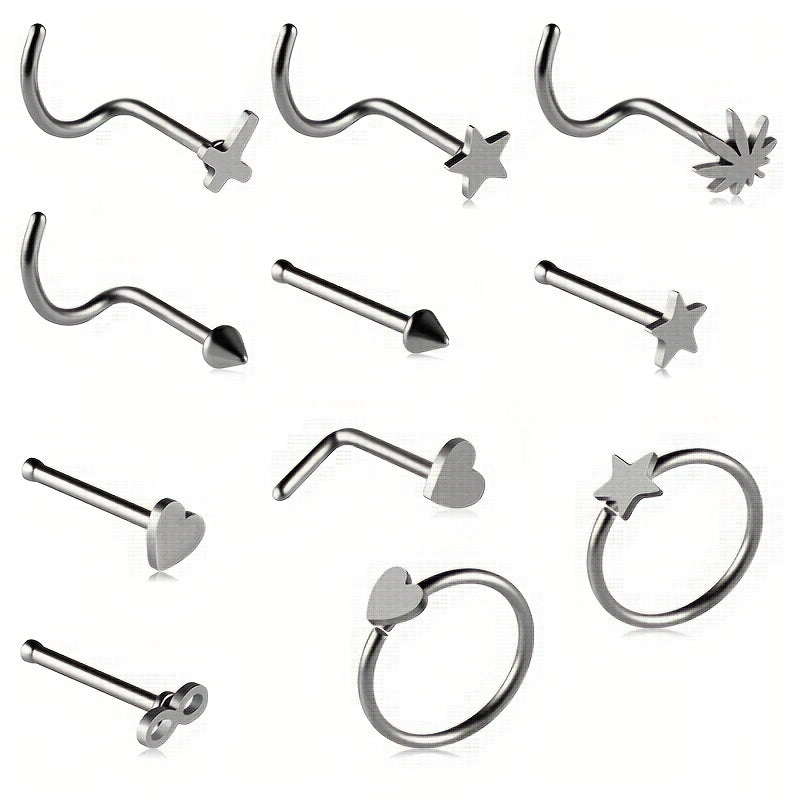 11PCS 316L Stainless Steel Nose Ring Set: Simple Style Nose Nail Body Piercing Jewelry with Star, Love Heart, and More Shapes
