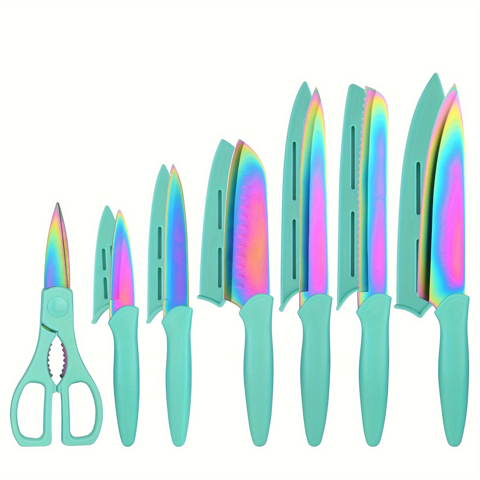 13 Piece Non-stick Coating Stainless Steel Boxed Knives Set, Anti-Rust and Dishwasher Safe, 6 Knives with 6 Blade Covers and one Kitchen Shear