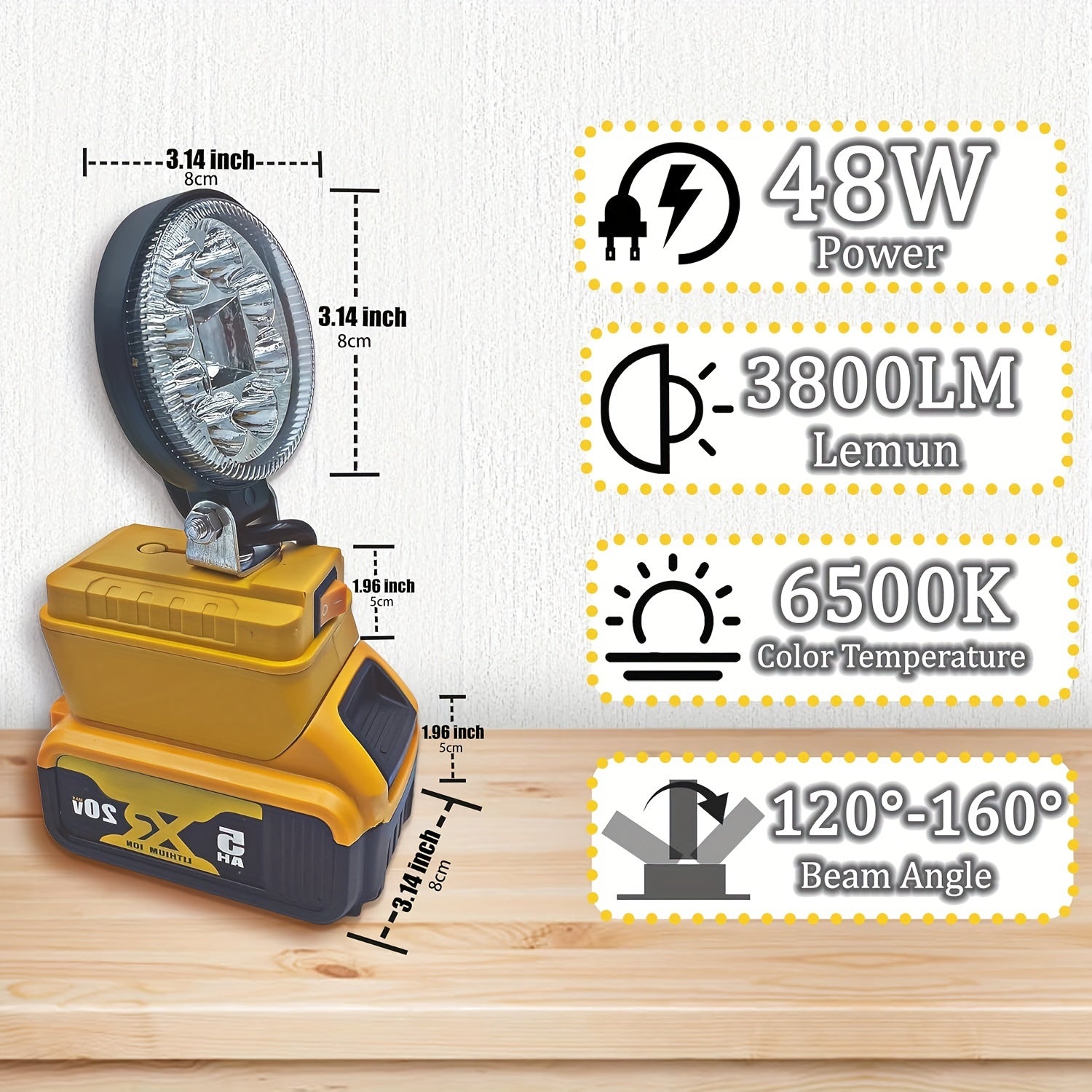 1pc Cordless LED Work Light, For DeWALT 20V Battery, 48W 3800 Lumens/60W 4500 Lumens/90W 5400 Lumens LED Floodlight, With 2 USB Charging Ports, Battery Light For Outdoor, Camping, Car Repairing, Emergency And Job Site Lightin