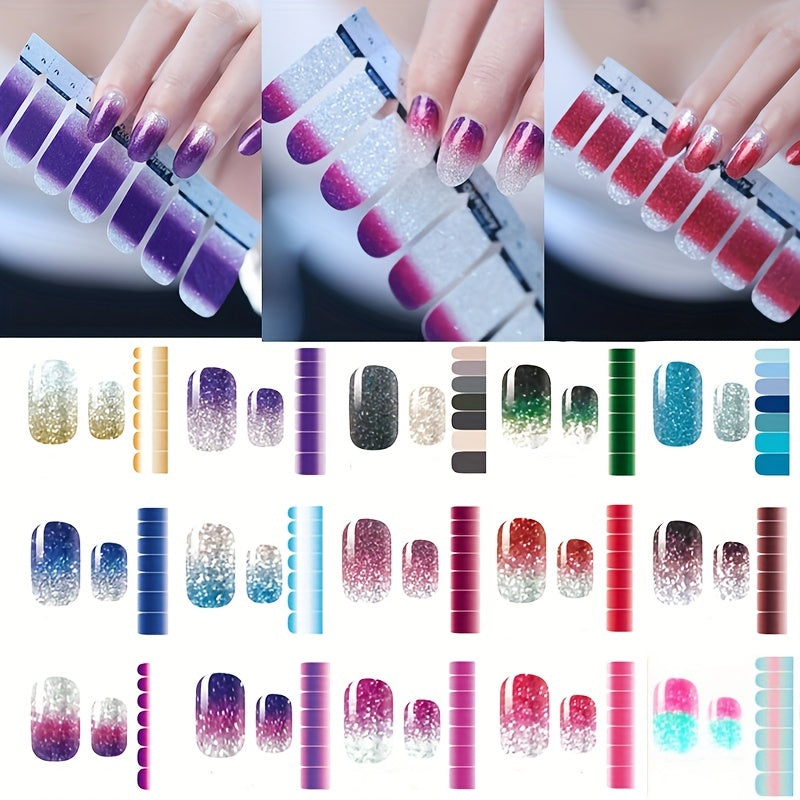 14 Sheets Gradient Glitter Nail Stickers Set Gradient Color Shine Full Wraps Polish Stickers Decal Strips Self-Ashesive Nail Art Sets For Women Girls