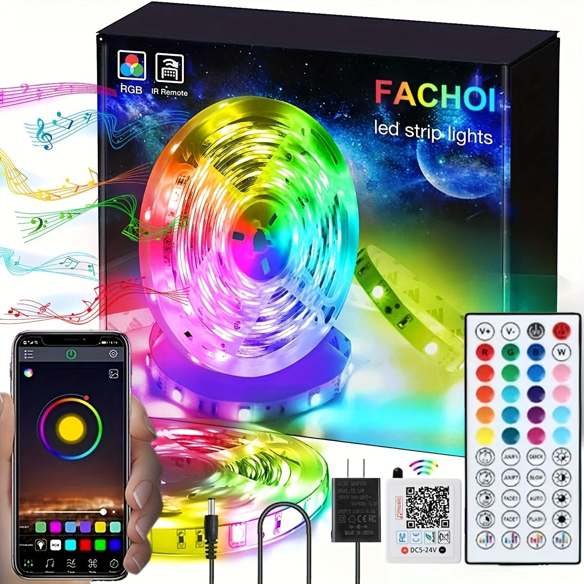 (2 rolls 17ft-1roll. 200ft RGB LED Strip Lights (2 Rolls, 100ft Each) with Smart App Control, Music Sync, Color Changing, Remote Control, for Bedroom, Party, Home Decor