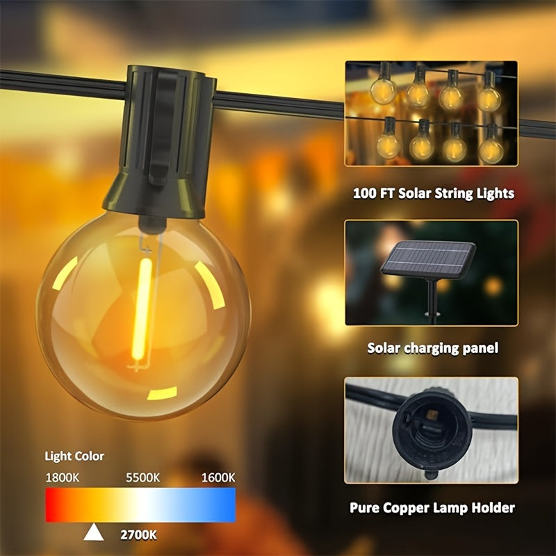 100FT Solar String Lights Outdoor With Remote, G40 Globe Solar Patio Lights With 37 LED Shatterproof Bulbs, Multiple Lighting Modes, Remote Control To Adjust Lighting, Dimmable Hanging Lights For Outside Backyard Party, Solar