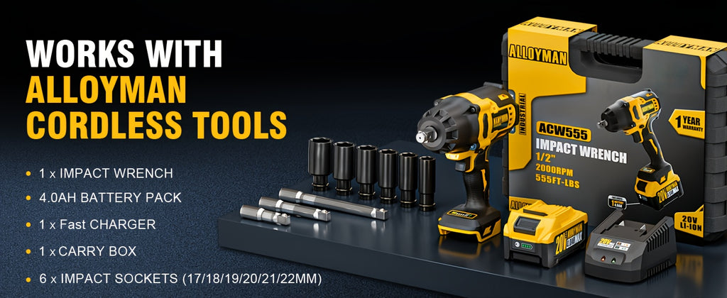 1pc Alloyman 20V Cordless Impact Wrench, 1/2" Drive, 555 Ft-lbs Max Torque, Brushless Motor, 2000 RPM, with 6 Sockets, 3 Extension Bars, 4.0 AH Li-ion Battery, Fast Charge, US Plug, Iron Material, Power Supply Operated