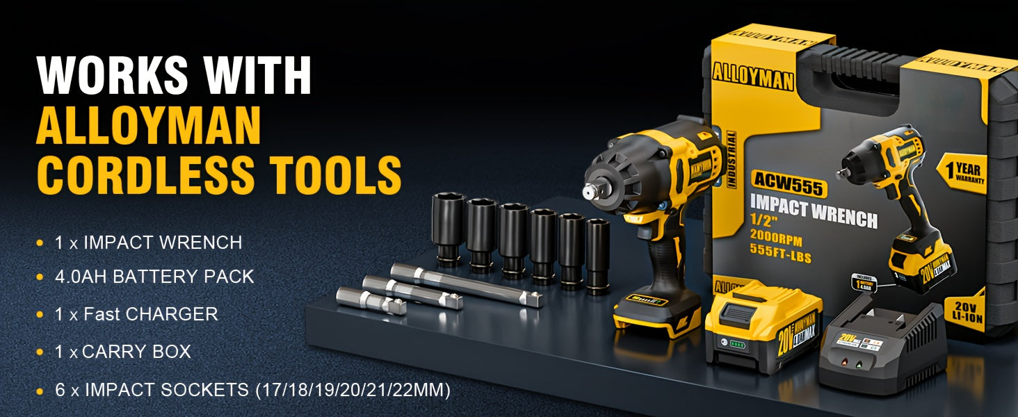 1pc Alloyman 20V Cordless Impact Wrench, 1/2" Drive, 555 Ft-lbs Max Torque, Brushless Motor, 2000 RPM, with 6 Sockets, 3 Extension Bars, 4.0 AH Li-ion Battery, Fast Charge, US Plug, Iron Material, Power Supply Operated