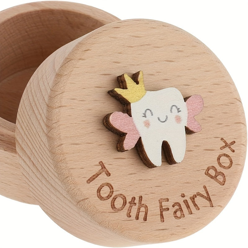 1pc Charming Wooden Tooth Fairy Keepsake Box for Youngsters - Cute 3D Tooth & Crown Design, Natural Wood Youngsters Tooth and Umbilical Cord Storage Case with Easy-Store Lid, Perfect Souvenir Gift for Youngsters, Tooth Fairy