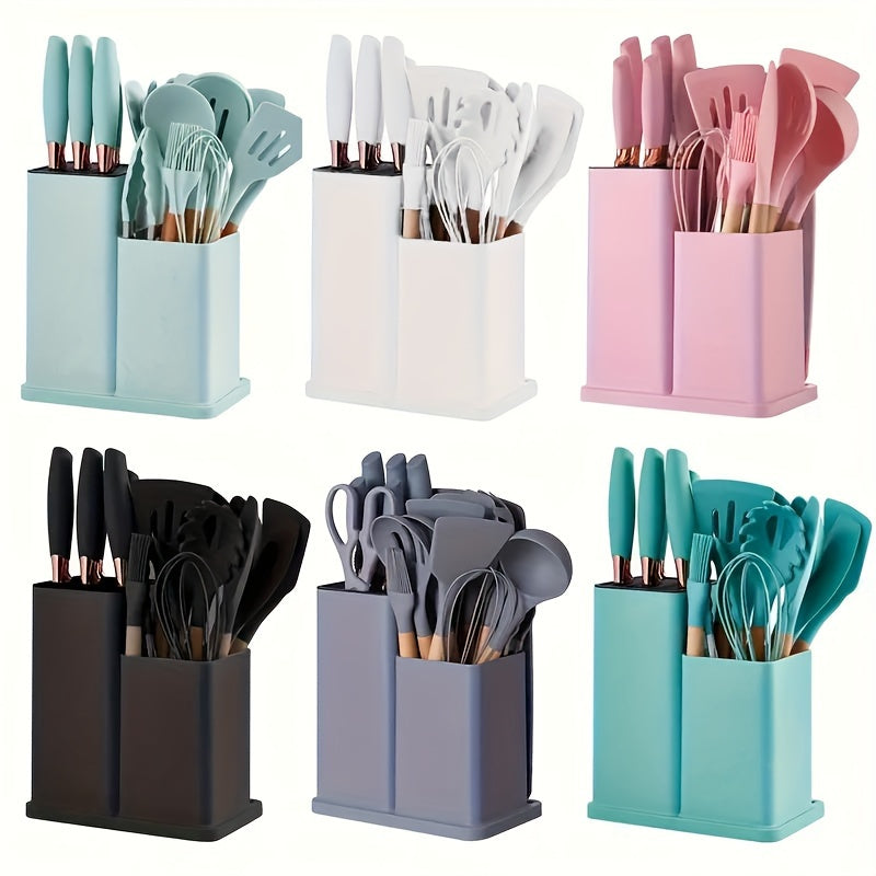 19pcs, Silicone Kitchenware 19-Piece Kitchenware Tools Cooking Spatula With Storage Bucket Knives Combination SetSilicone Kitchenware 19 Piece Kitchenware Tools Cooking Shovel Spoon With Storage Bucket Knife Combination Set