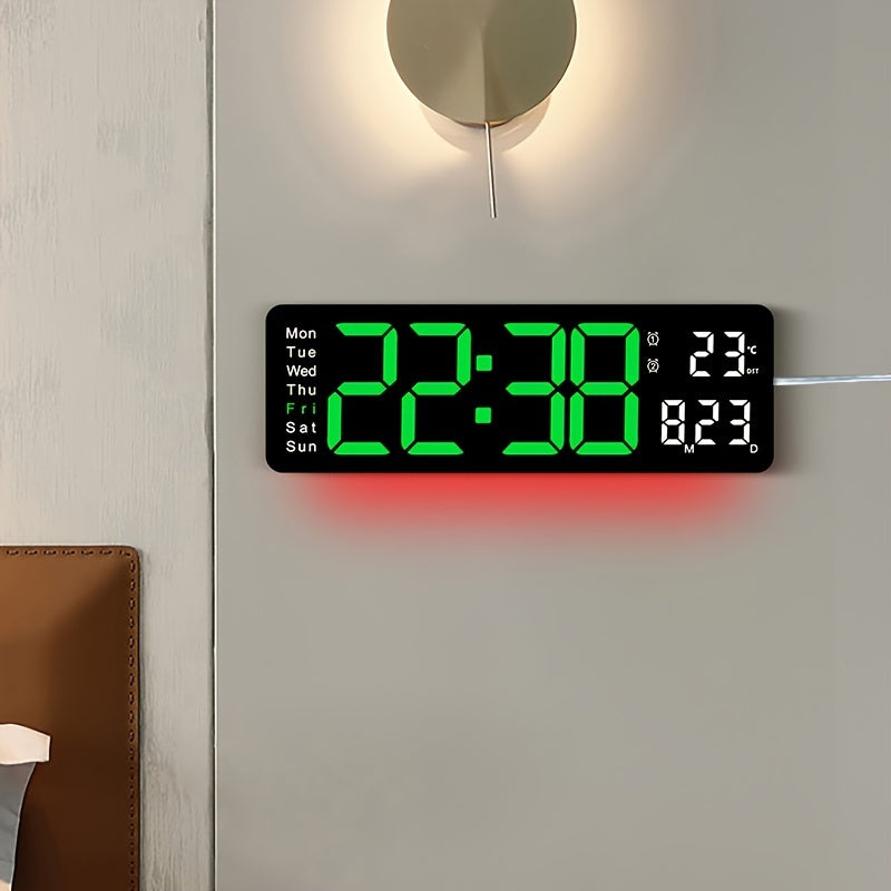 1pc 16-Inch Remote Control Digital Wall Clock, Temperature Date Display With Mood Light, Dual Alarm, Countdown, 10-Level Brightness Adjustment, 12/24H Format, Plastic Material, USB Powered (2 * AAA Battery For Memory Function