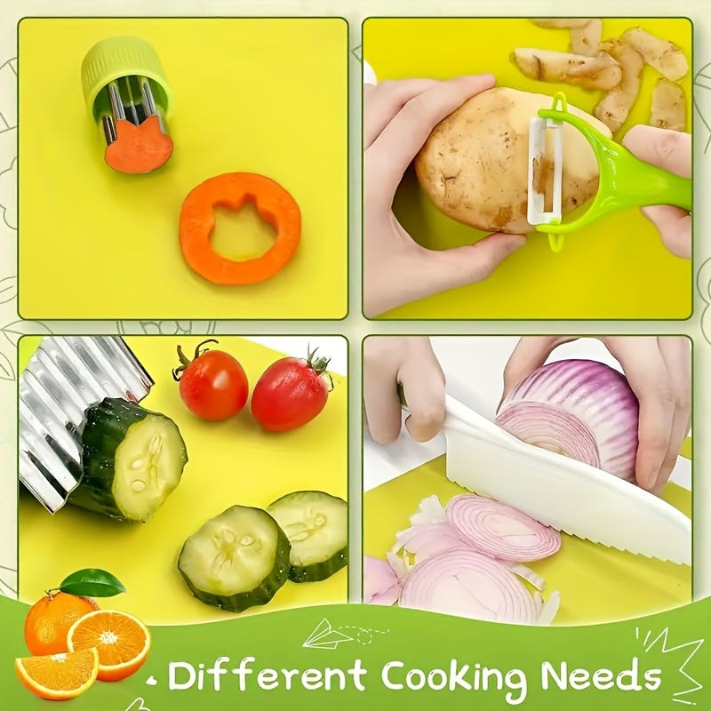17PCS Montessori Kitchen Tools For Toddlers, Kids Cooking Sets Real, Safe Knife Set For Real Cooking With Plastic Toddler Safe Knives Crinkle Cutter Kids Cutting Board