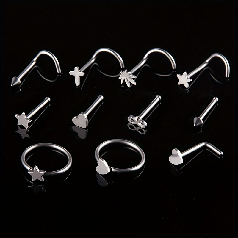 11PCS 316L Stainless Steel Nose Ring Set: Simple Style Nose Nail Body Piercing Jewelry with Star, Love Heart, and More Shapes