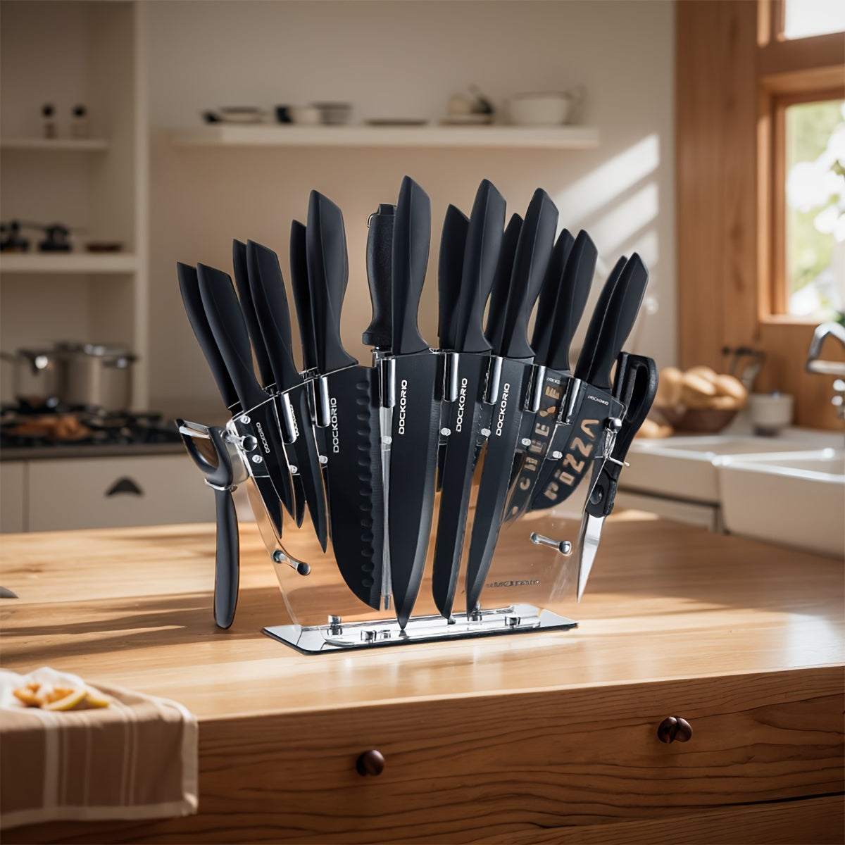 19pcs High Carbon Stainless Steel Sharp includes Serrated Steak Knives Set, Kitchen Knife Set with Block Chef Knives, Bread Knife, Scissor, Sharpener, All in one