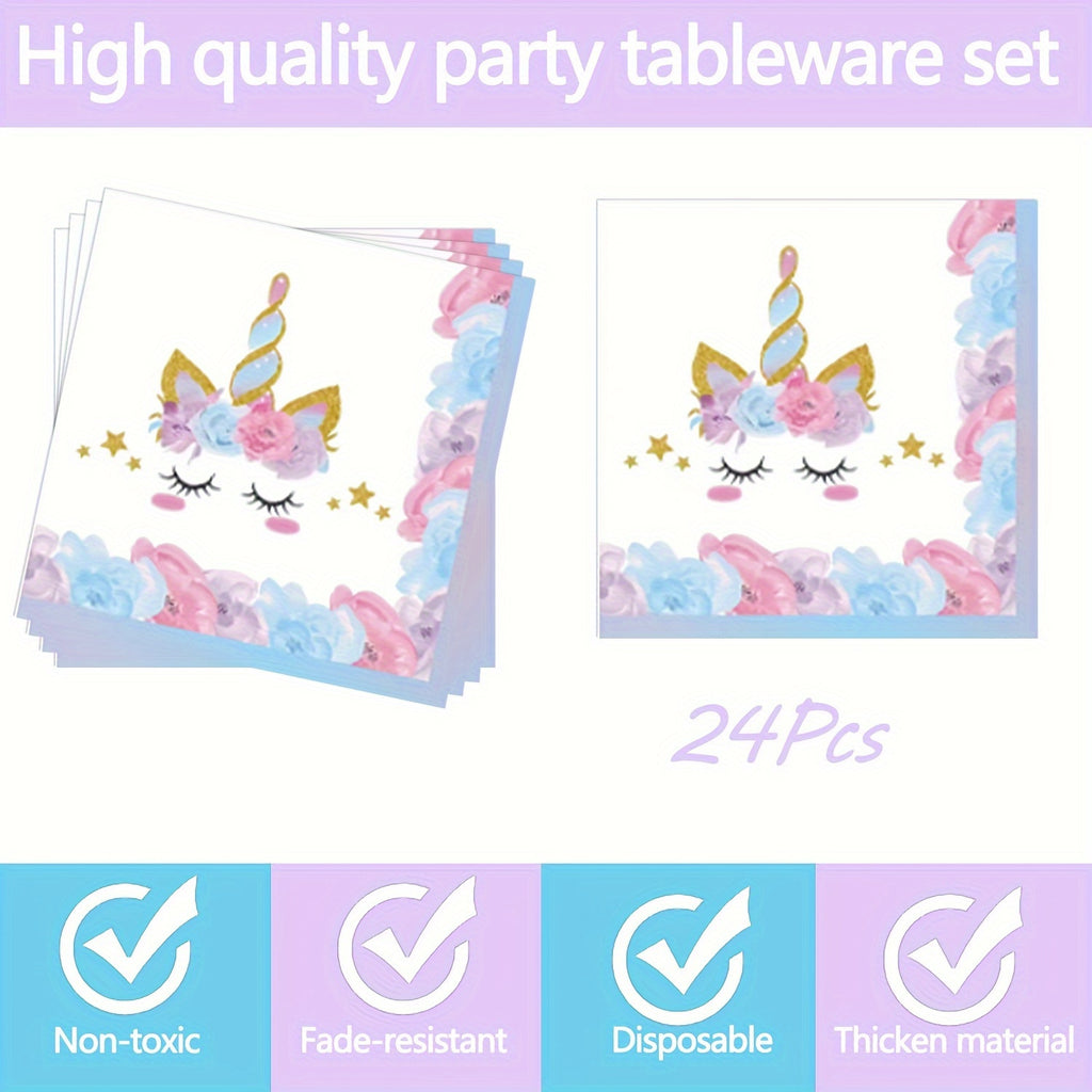 168-Piece Unicorn Party Essentials Kit - Vibrant Round Disposable Tableware Set with Plates, Cups, Napkins, Knives, Forks, and Spoons for Magical Birthday, Tea Parties, and Celebrations - Perfect for All Occasions