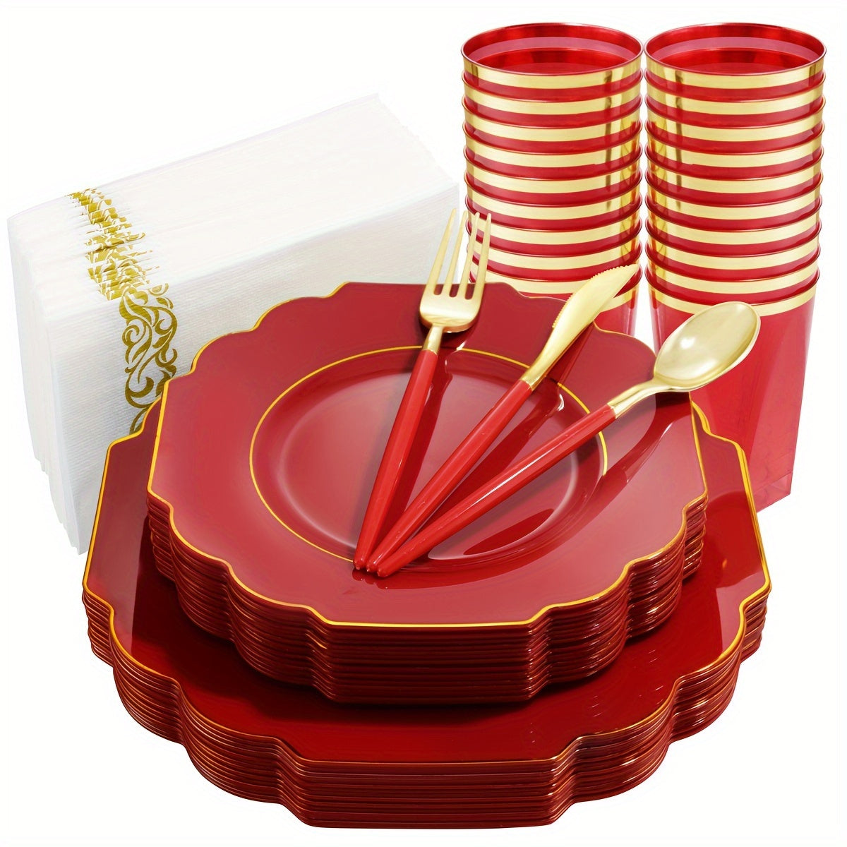 140PCS Plastic Plates - Gold Plastic Silverware, Gold Disposable Plates Include 40Plates, 20Cups, 20Forks, 20 Knives, 20Spoons, 20Napkins for Weddings & Parties