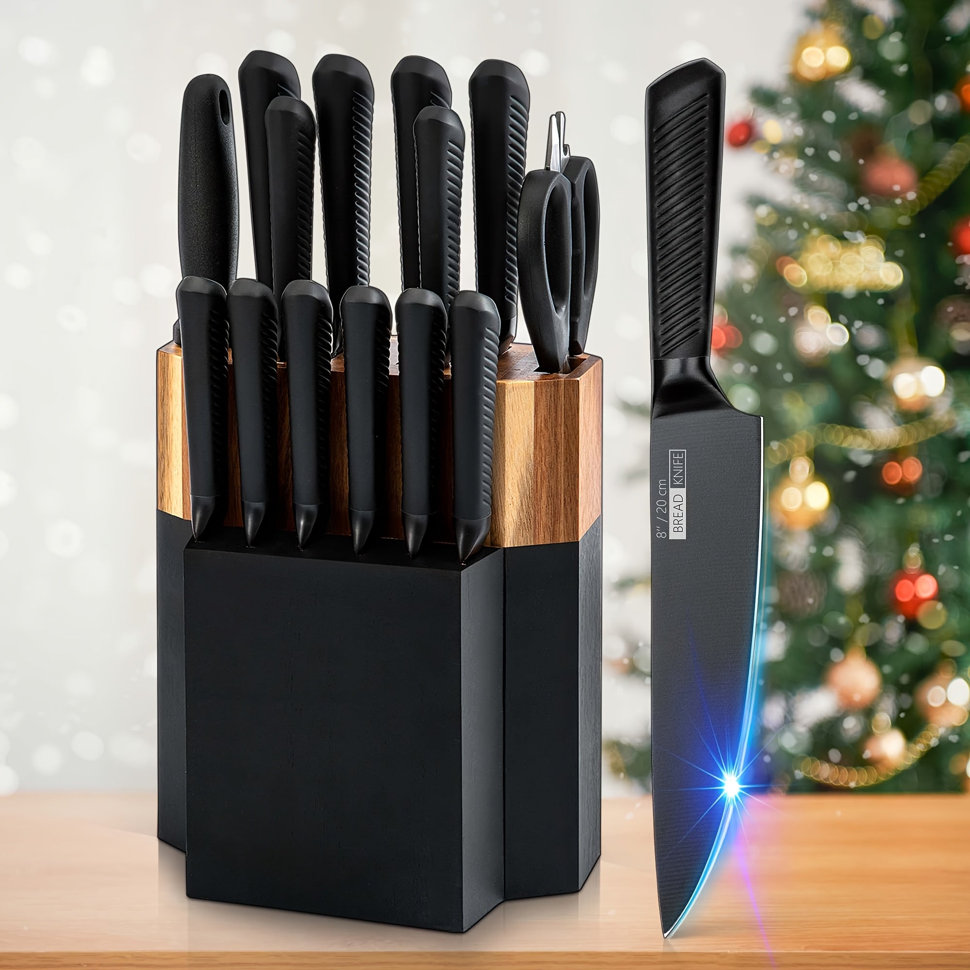 15pcs Professional Kitchen Knife Set, Kitchen Accessories, Super Sharp Knife Set With Wooden Block, Chef Knife Set With Sharpener, High Carbon Stainless Steel Hammered Knife Block Set With Steak Knives, Selection For Easter G