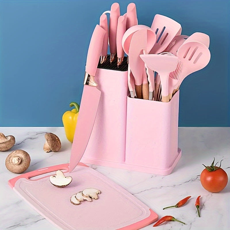 19pcs, Silicone Kitchenware 19-Piece Kitchenware Tools Cooking Spatula With Storage Bucket Knives Combination SetSilicone Kitchenware 19 Piece Kitchenware Tools Cooking Shovel Spoon With Storage Bucket Knife Combination Set