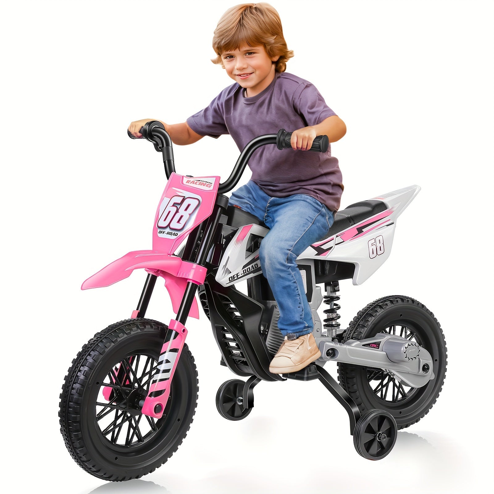 12V Electric Dirt Bike, Kids Electric Motorcycle With 30W*2 Motor, Training Wheels, Spring Suspension, Battery-Powered Ride On Toy Car For Toddler Boys And Girls Ride On Car