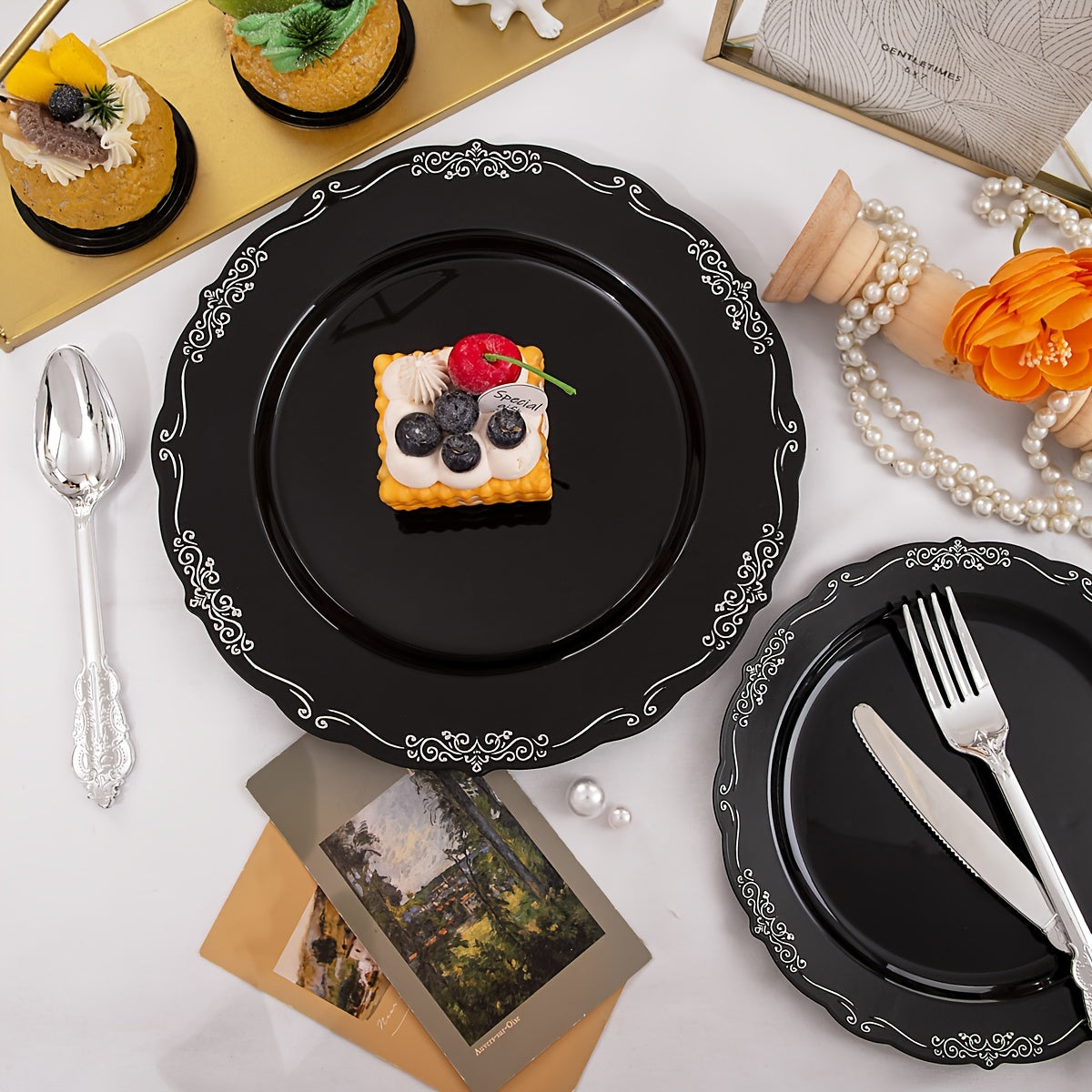 150 Pcs Black Silver Plastic Plates & Silver Plastic Silverware, Black Silver Disposable Plates for Party Include: 30 Dinner Plates 10.25 inch, 30 Dessert Plates 7.5 inch, 30 Knives, 30 Forks, 30 Spoons for Party