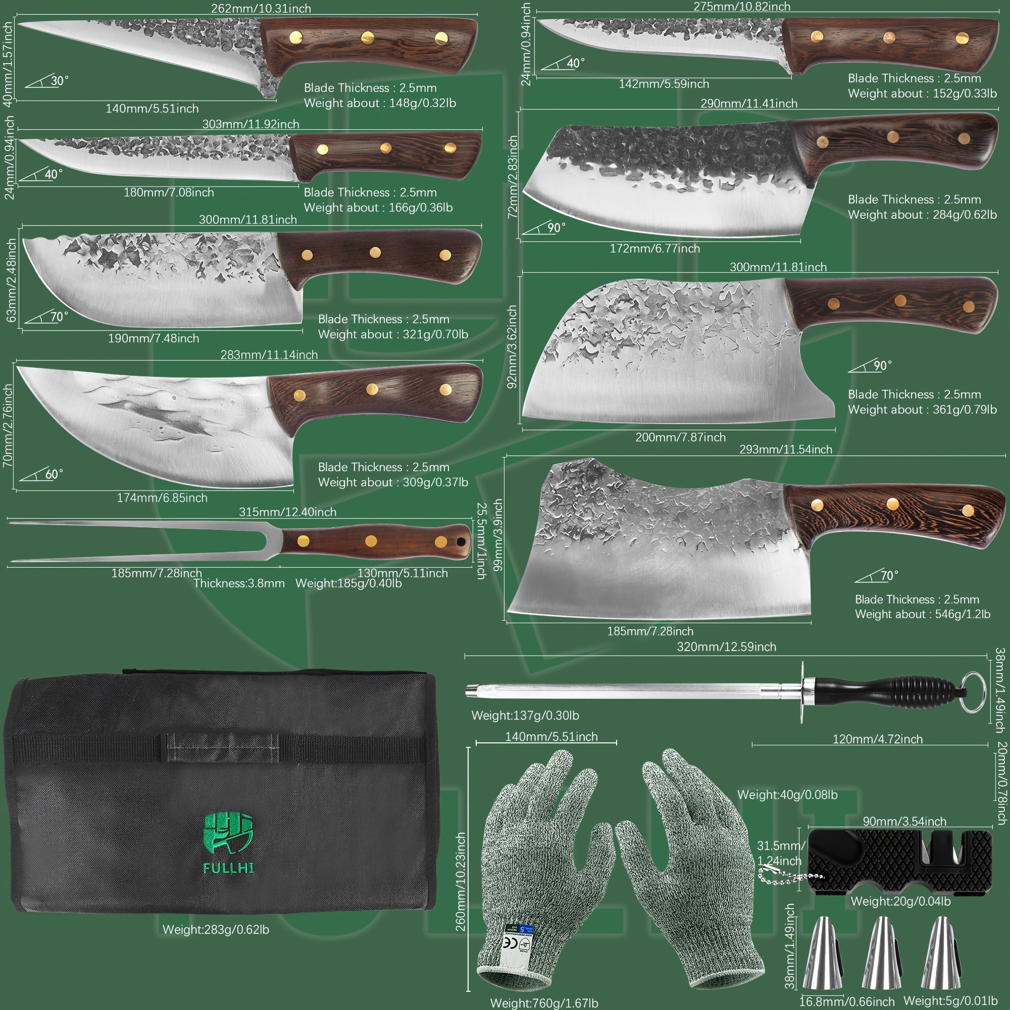 15pcs Portable Butcher Knife Set With Carving Meat Fork Kitchen Knife Set With Roll Bag Full Tang High Carbon Steel Chef'S Knife Fishing Fish Chef Knives For Kitchen, Camping, BBQ, Gifts For Women Men Birthday Christmas Prese