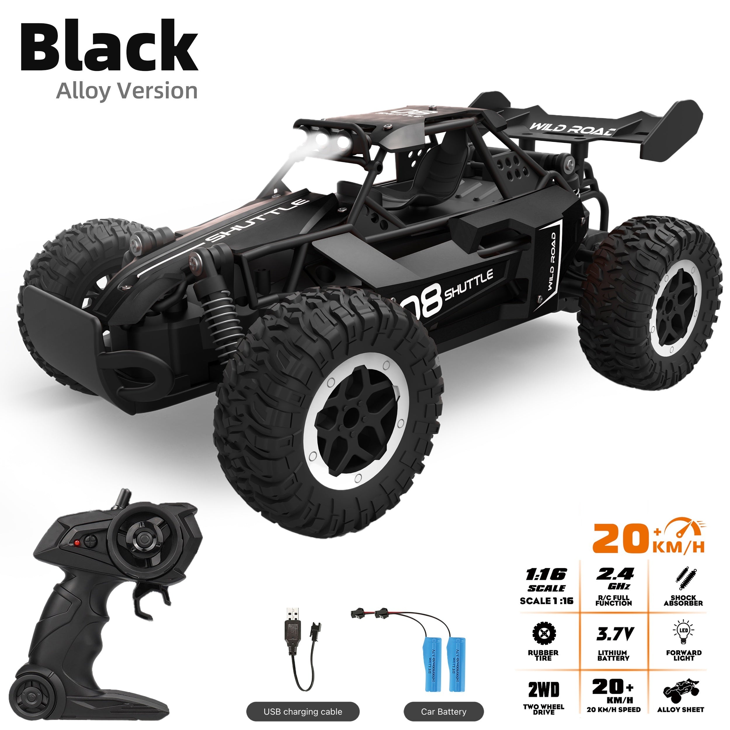 1:16 2.4G Double Battery Alloy RC Car, High Speed Up To 20 Km/h Remote Control Car, All Terrain Off-Road Electric Toy Car Halloween Christmas Gift