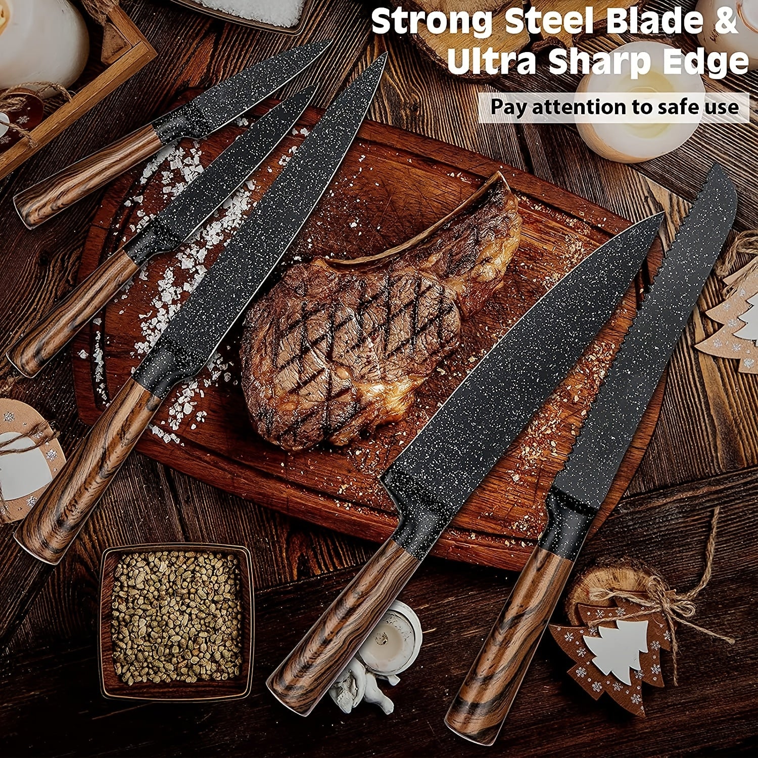 12pcs Professional Chef Knife Set with Steak Knives, High Carbon German Stainless Steel Blades and Japanese Wooden Pattern Handles, Ideal for Kitchen and Restaurant Use, Perfect Christmas Gift