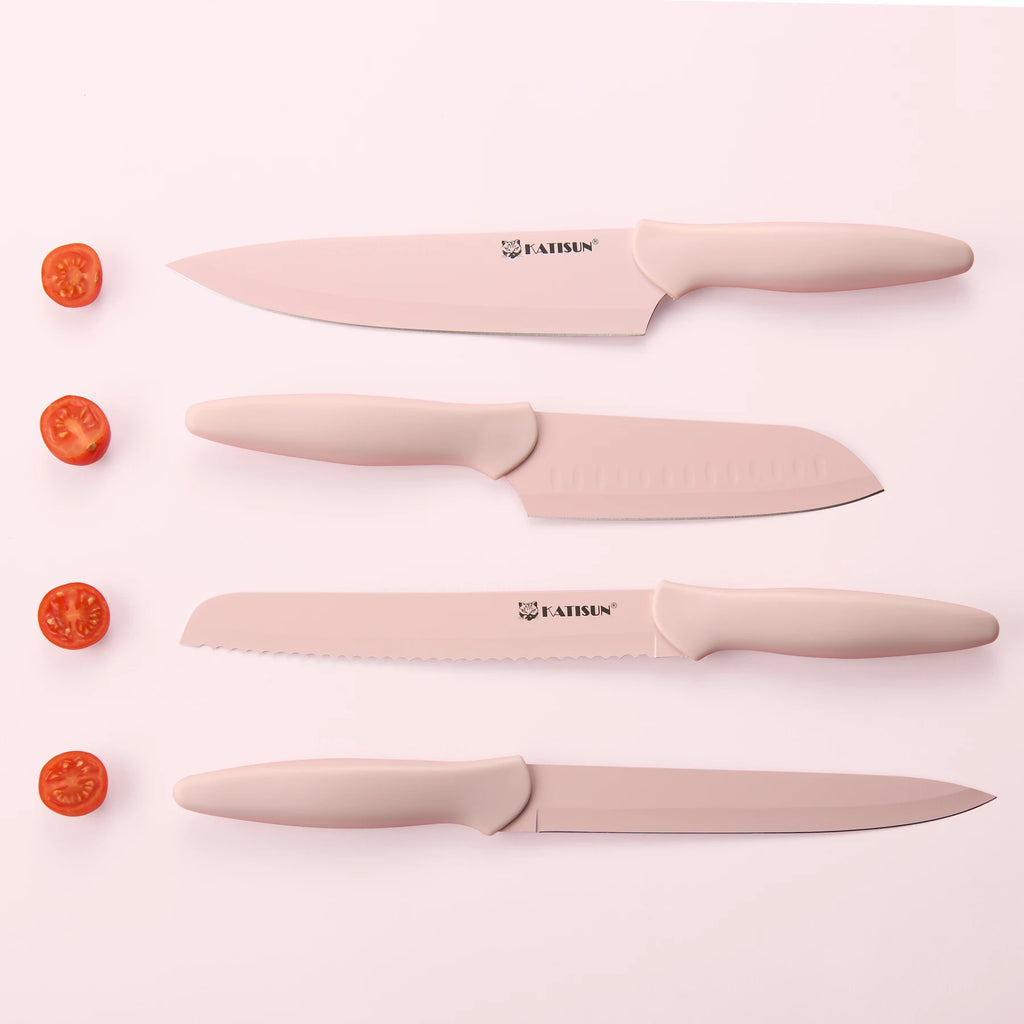 13 Piece Pink Coding Stainless Steel Knives Set, Anti-Rust and Dishwasher Safe, 6 Knives, 6 Sheaths, and One Shear
