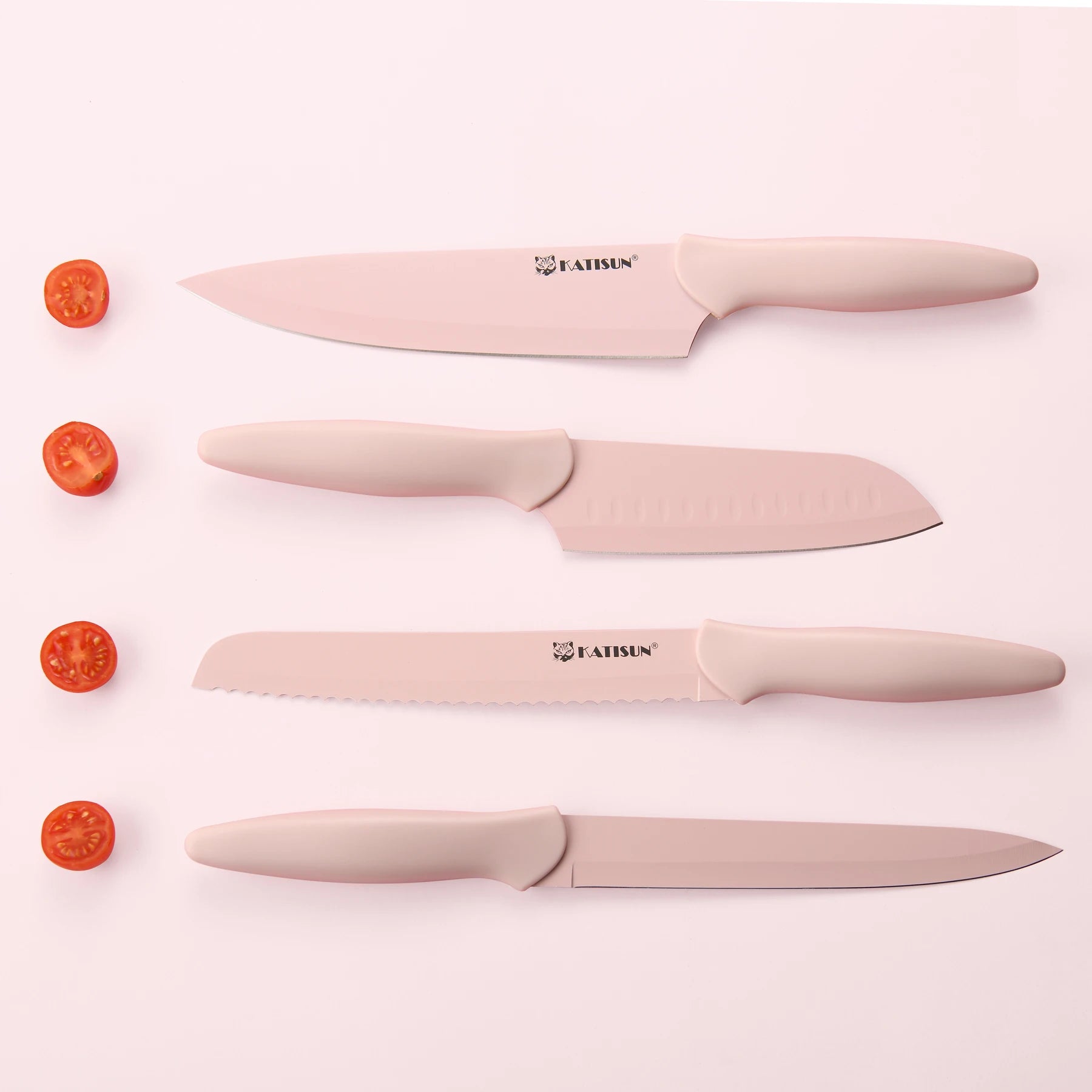 13 Piece Pink Coding Stainless Steel Knives Set, Anti-Rust and Dishwasher Safe, 6 Knives, 6 Sheaths, and One Shear