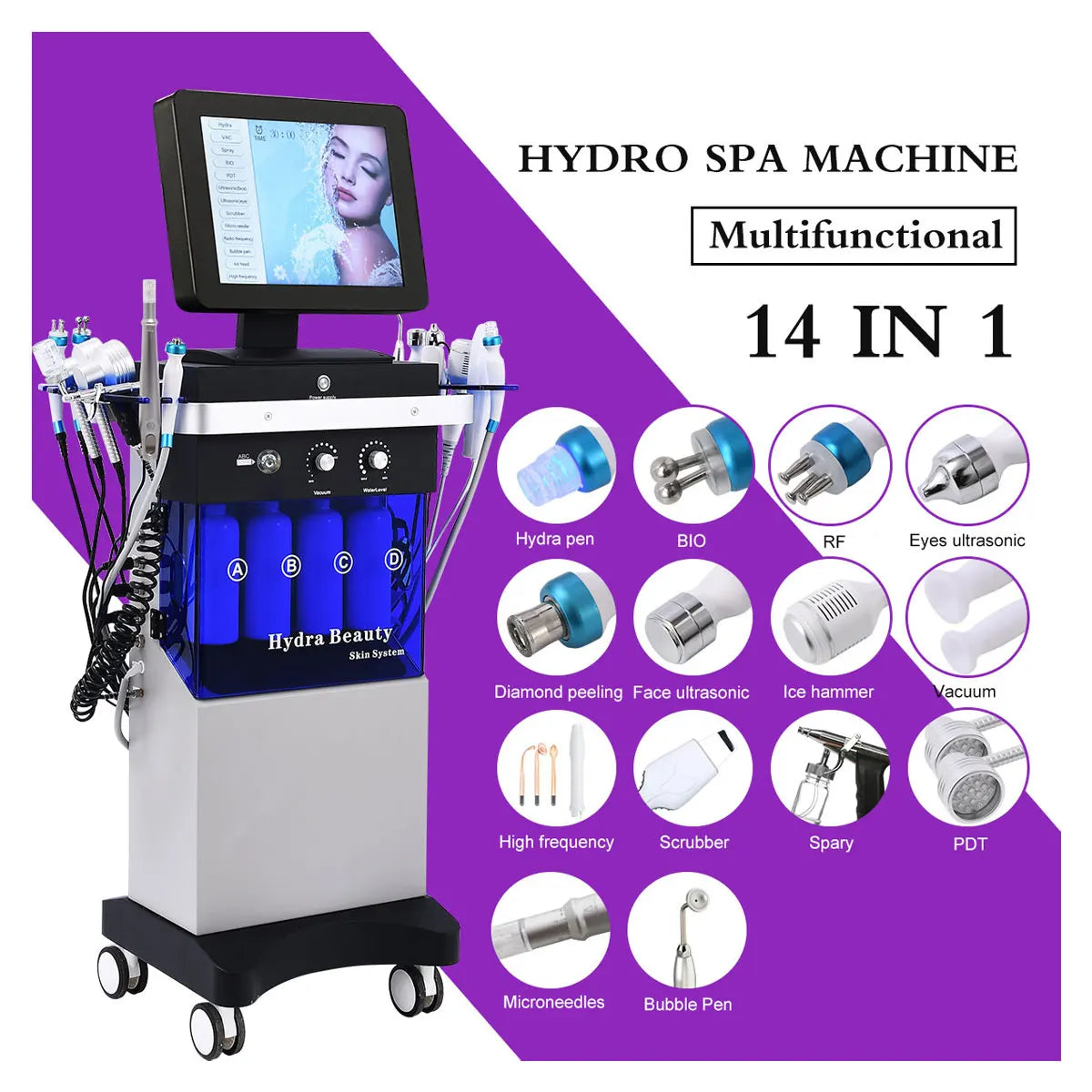 14 in 1 Multifunction Skin Care Rejuvenation Hydro Oxygen Rf Bio-Lifting Jet Peel Facial Bubble Microdermabrasion Machine
