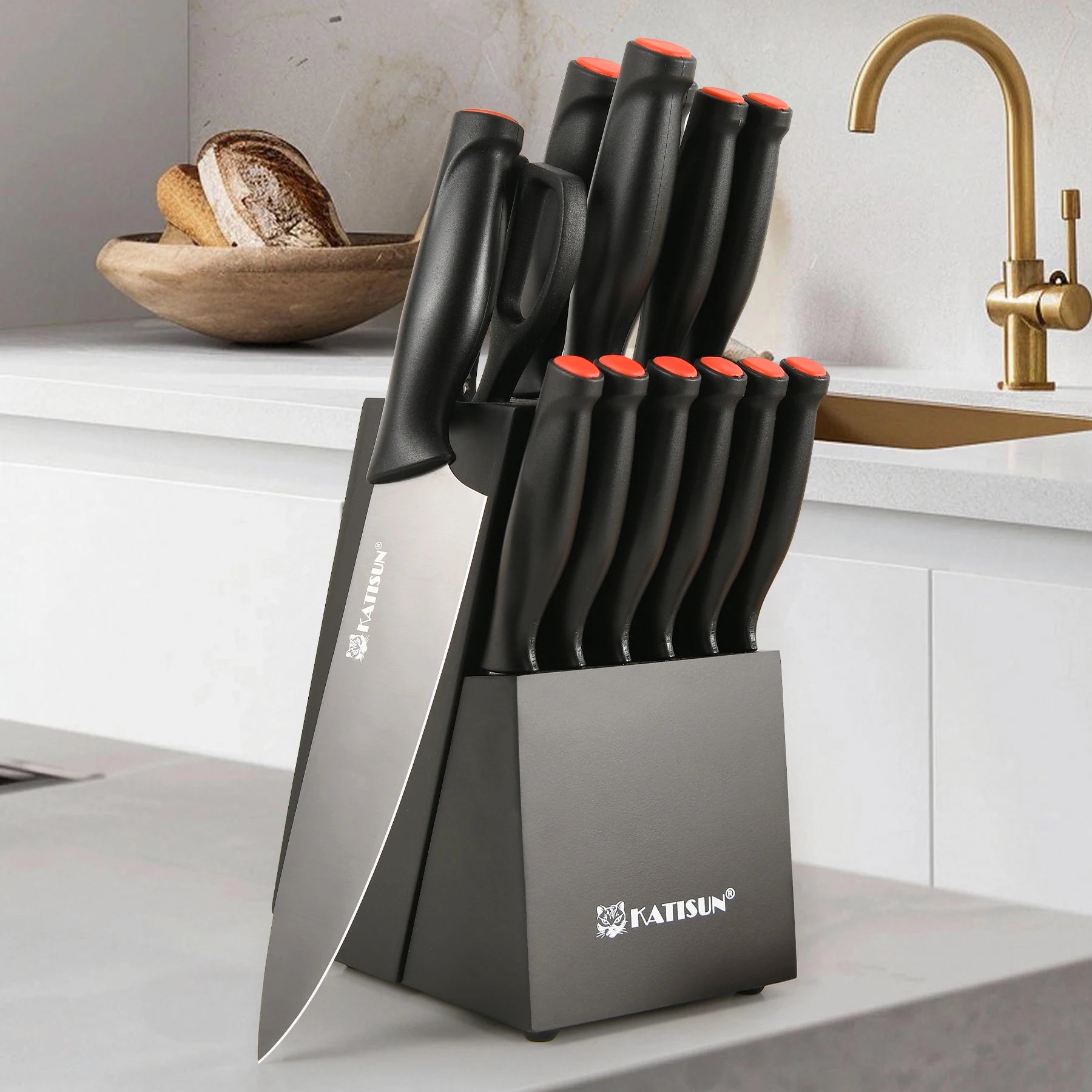 15-Piece High Carbon Stainless Steel Knife Set Imported Germany Beveled Mercerized Blade Black Titanium Knives Non-Slip
