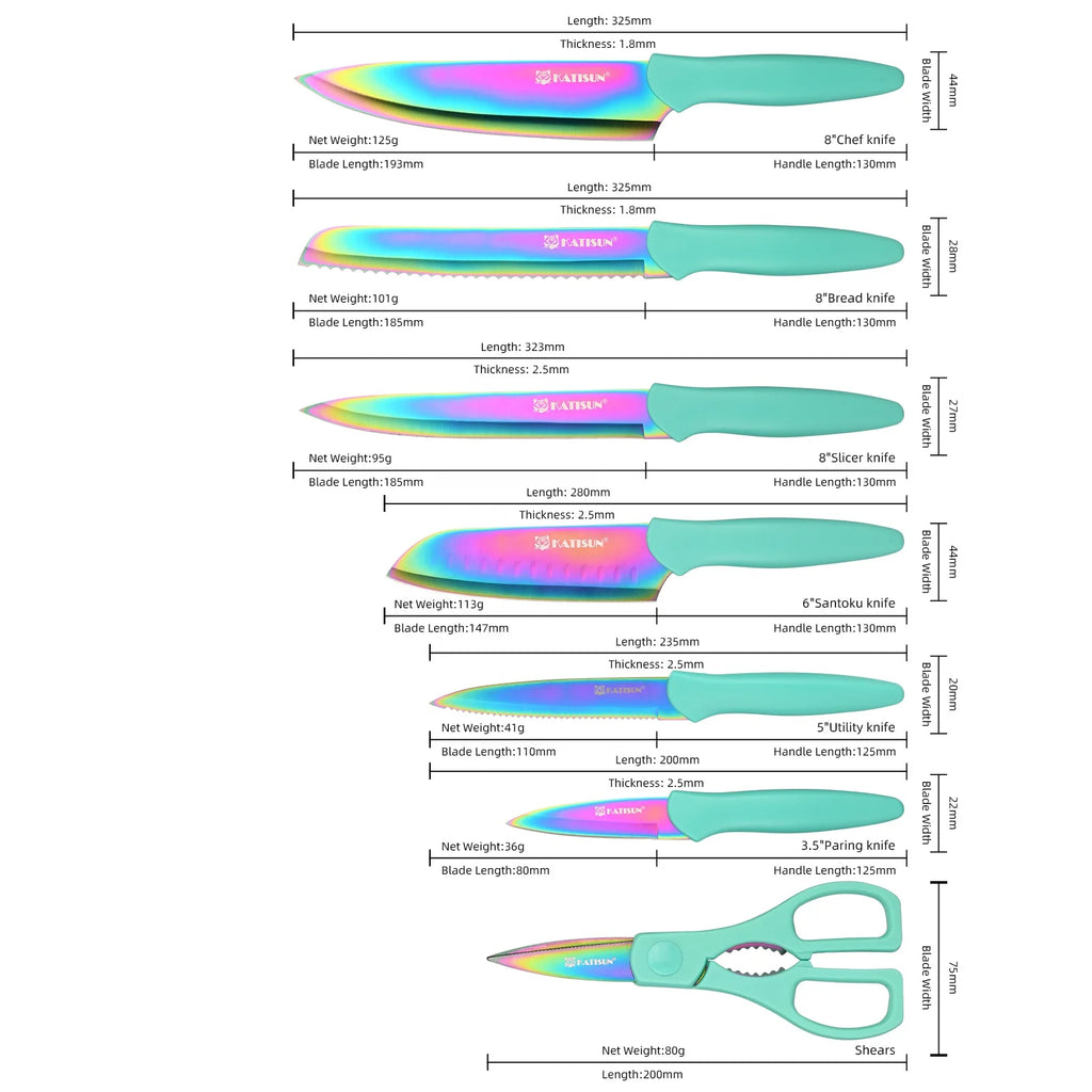 13 Piece Titanium Coating Stainless Steel Knives Set, Anti-Rust and Dishwasher Safe, 6 Knives, 6 Blade Covers, and One Shear