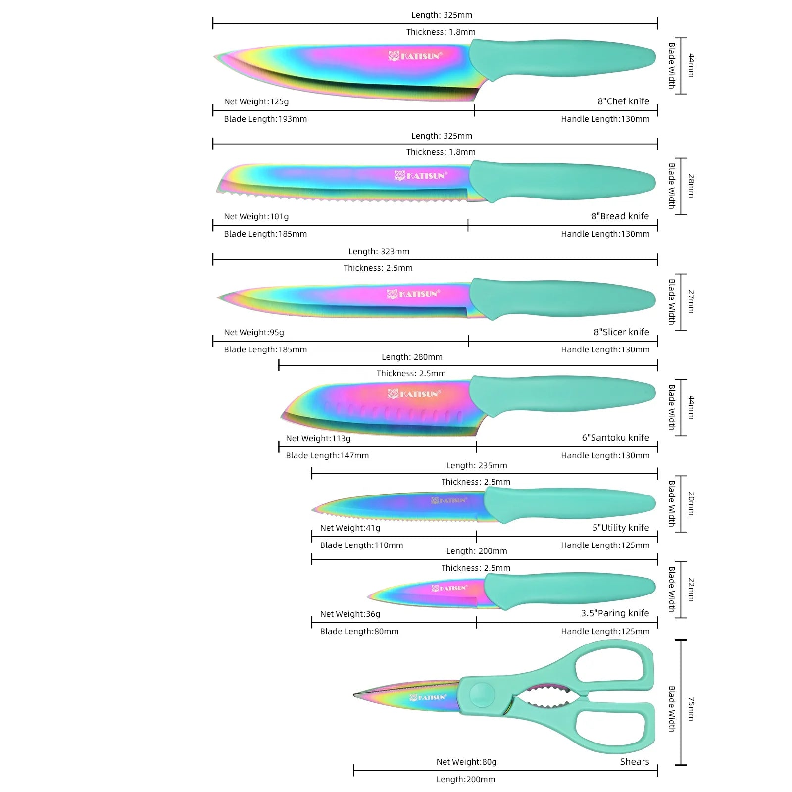 13 Piece Titanium Coating Stainless Steel Knives Set, Anti-Rust and Dishwasher Safe, 6 Knives, 6 Blade Covers, and One Shear