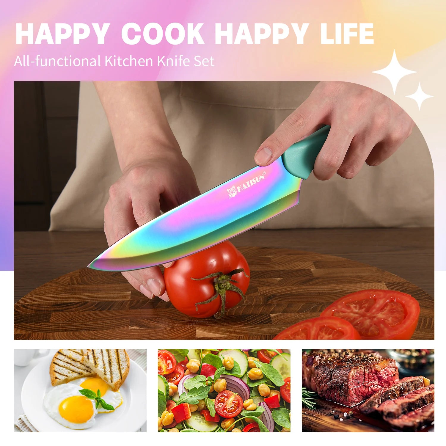 13 Piece Titanium Coating Stainless Steel Knives Set, Anti-Rust and Dishwasher Safe, 6 Knives, 6 Blade Covers, and One Shear