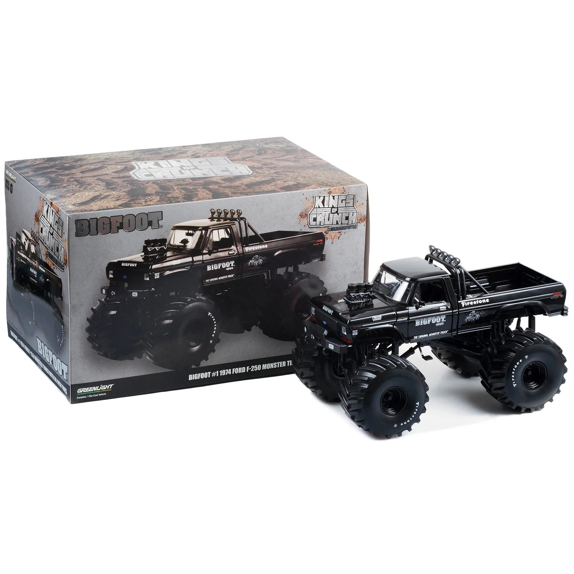 1974 Ford F-250 DCD Monster Truck 66-Inch Tires Black Bandit Edition 1/18 Diecast RC Parts Accs 'Bigfoot #1' 'Kings Crunch'